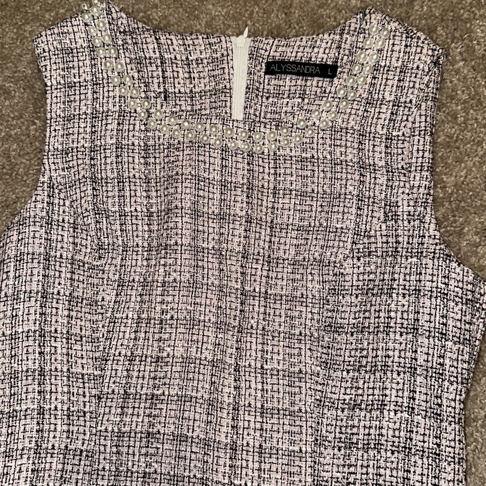 Alyssandra Pink Black Tweed Pearl Collar Prep Midi Dress